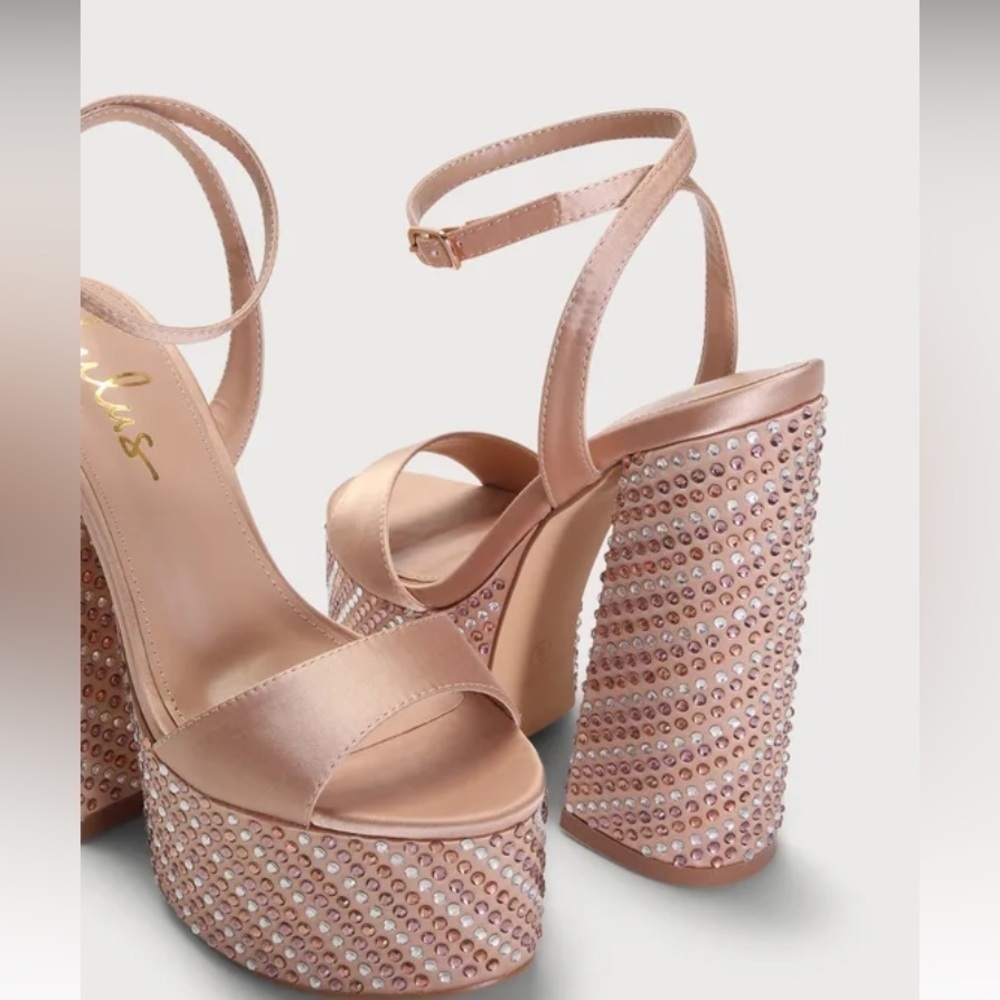 Nude 01  Rhinestone block junky heels sandal satin bridal promo. - Picture 7 of 10